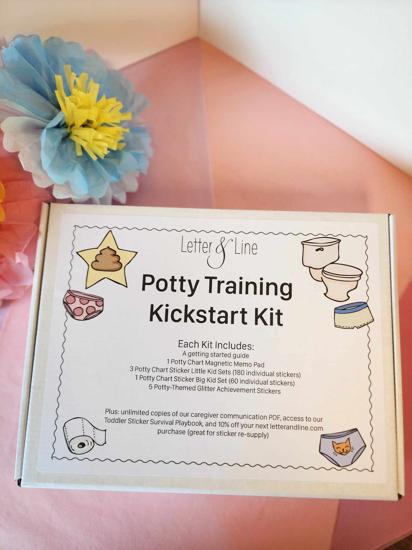 Potty Training Kickstart Kit labeled box displayed on a pink background with pastel flowers, listing included items and showing potty and undies illustrations.