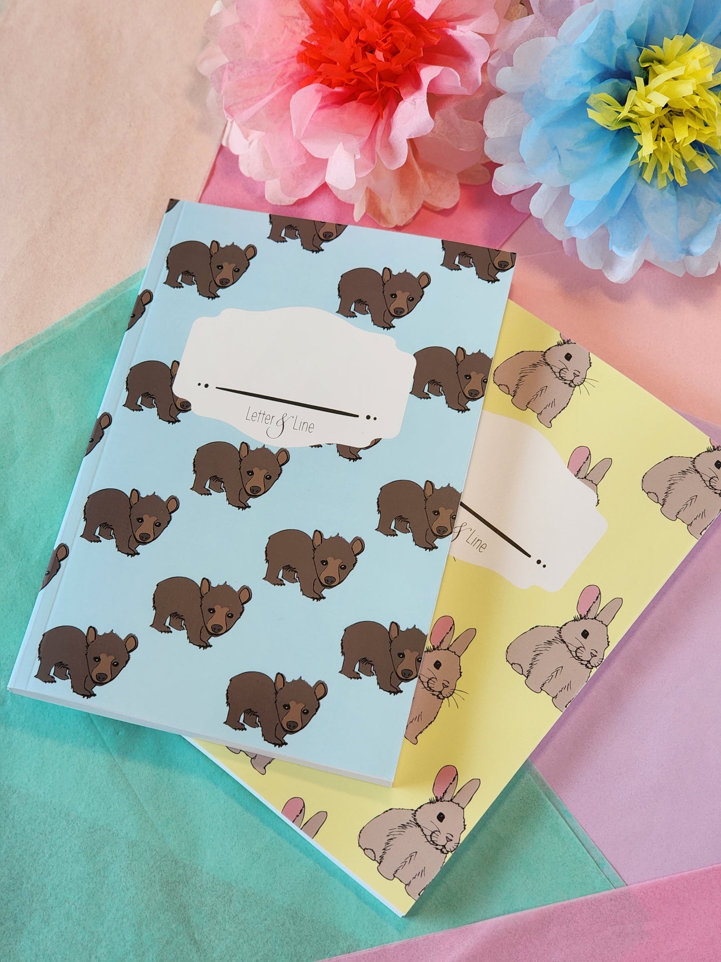 Letter & Line bear and bunny notebooks shown together for coordinating stationery sets.