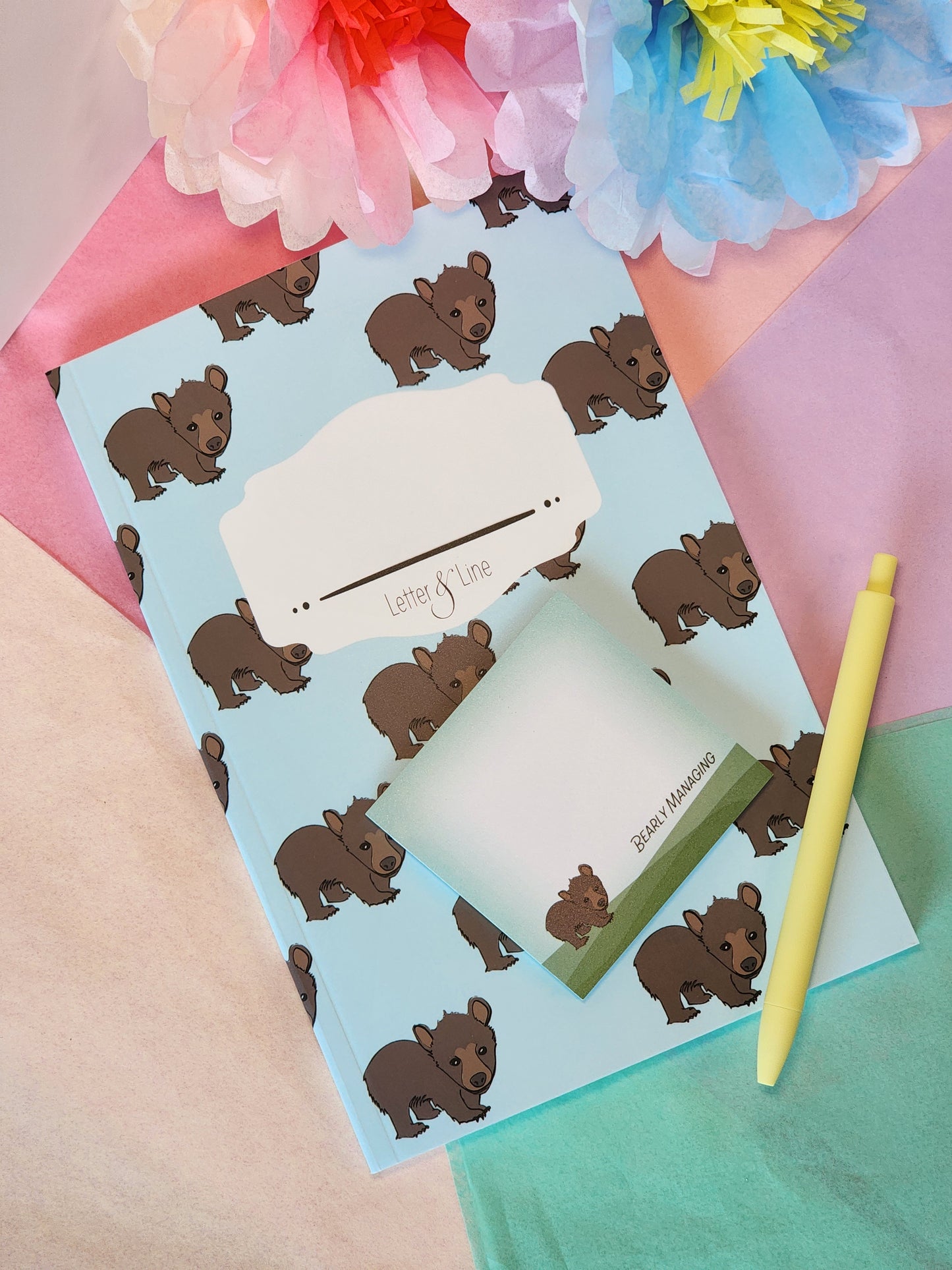 Matching bear stationery set with Post-it Notes and pen, perfect for school or home office organization.