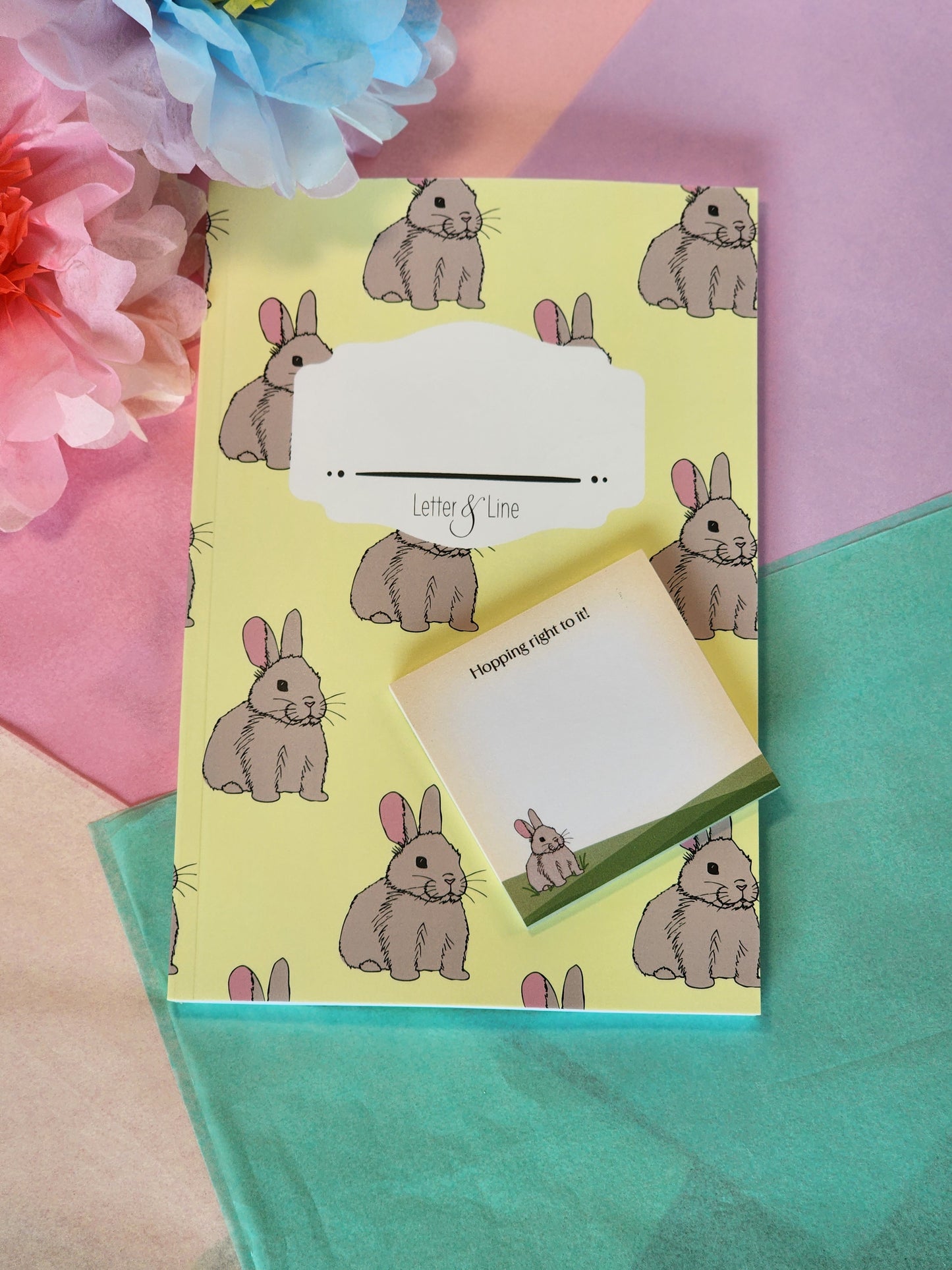 Bunny and notebook styled with matching sticky notes for coordinating stationery gift bundle.