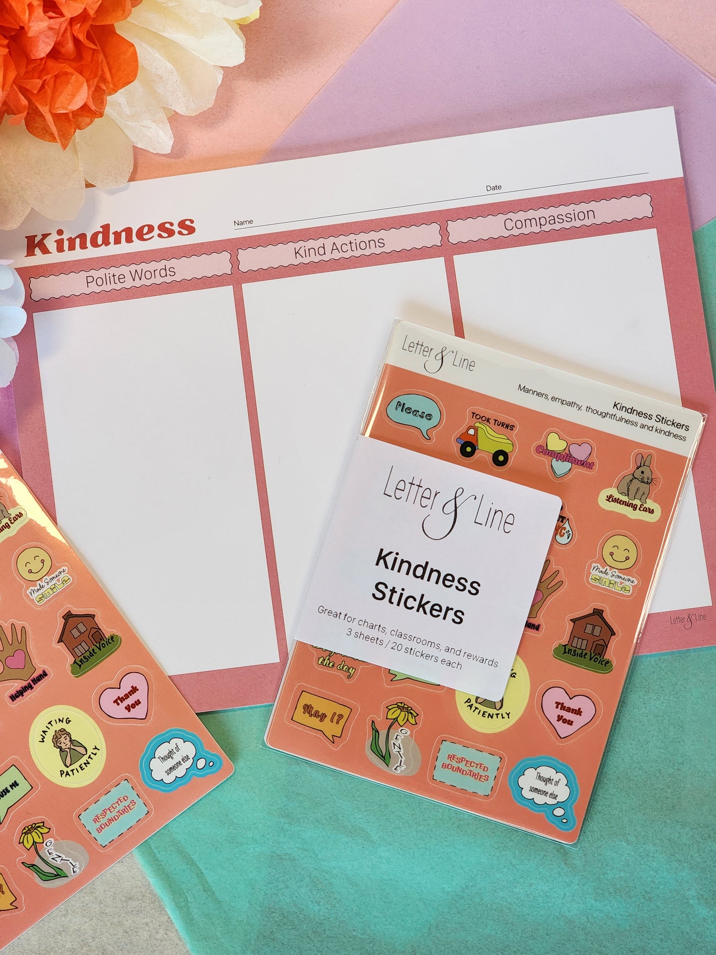 Reward sticker pack and kindness chart styled together for use as a positive parenting tool.