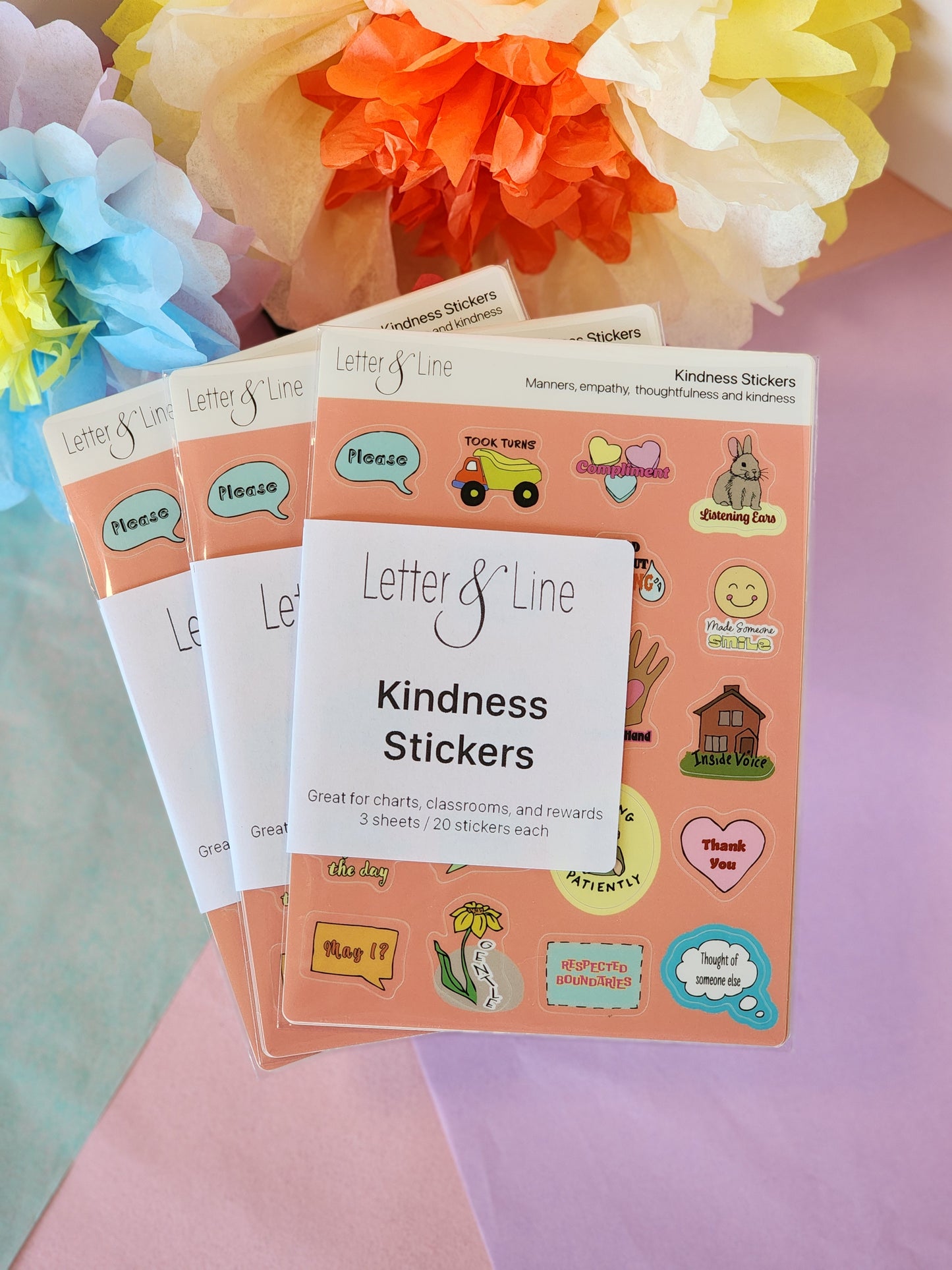 3 Letter and Line kindness-themed sticker sets for toddler behavior reinforcement, featuring 3 sheets of 20 illustrated designs each including “please” and “helping hand.”