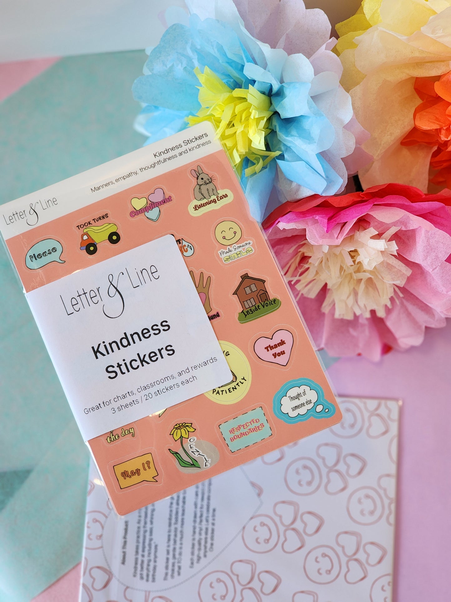Multipack of toddler manners sticker sets shown with colorful flowers, designed to encourage kind words and actions through visual rewards.