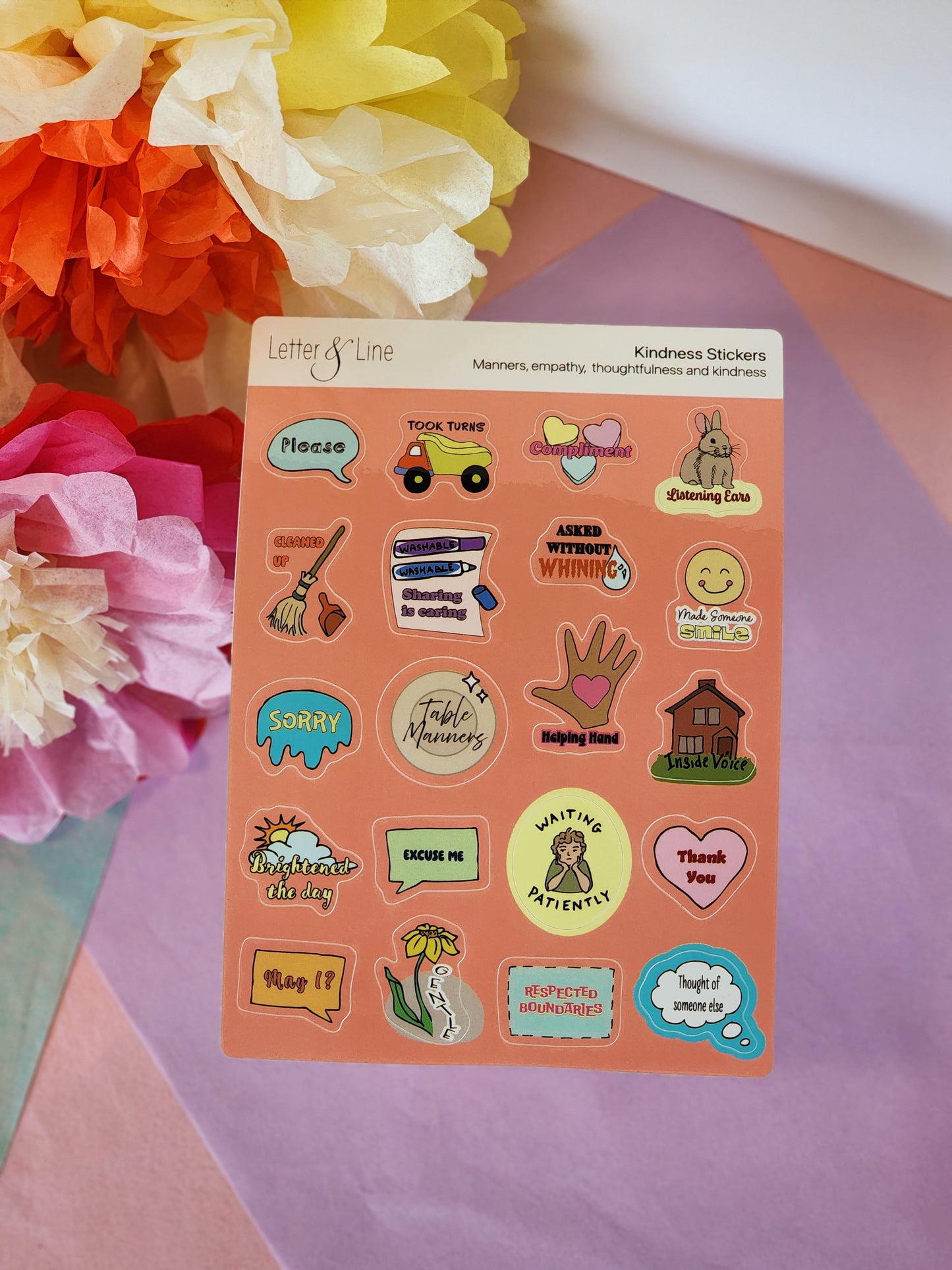 Full view of kindness-themed sticker sheet for toddler behavior reinforcement, featuring 20 illustrated designs including “please” and “helping hand.”