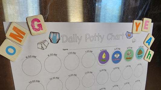 Toddler potty training chart with stickers used to celebrate small potty training successes throughout the day.