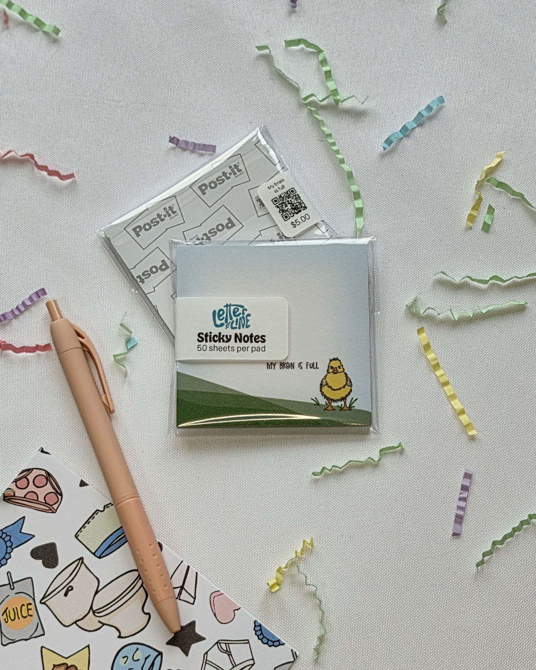 My Brain is Full duck illustrated sticky note pad shown in packaging with pen