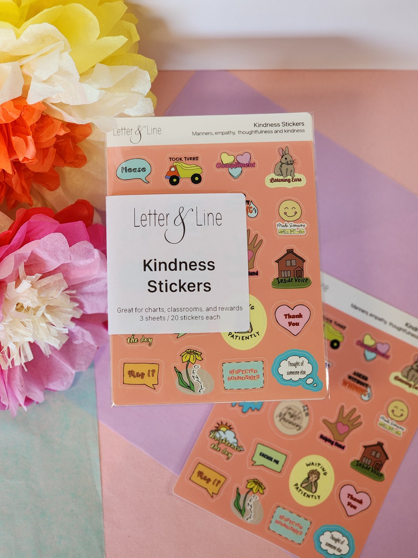 Letter and Line Kindness sticker set for toddlers featuring three sheets with positive behavior designs, great for reward charts and classroom use.