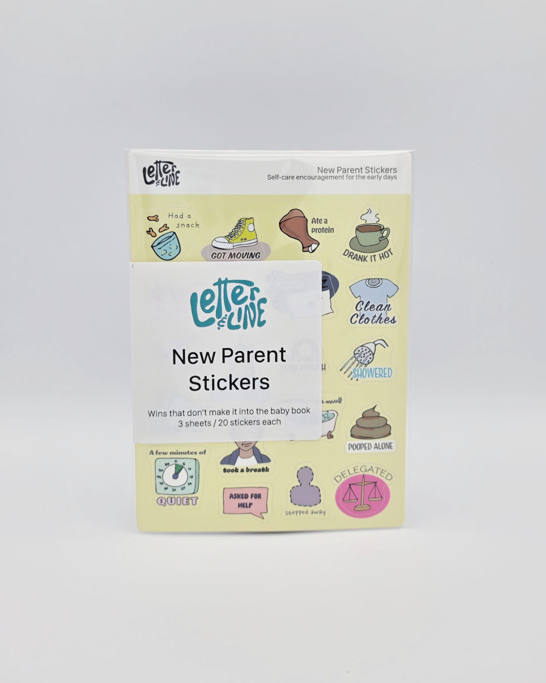 Letter & Line New Parent Stickers packaged three-sheet set, a baby shower gift for the parent