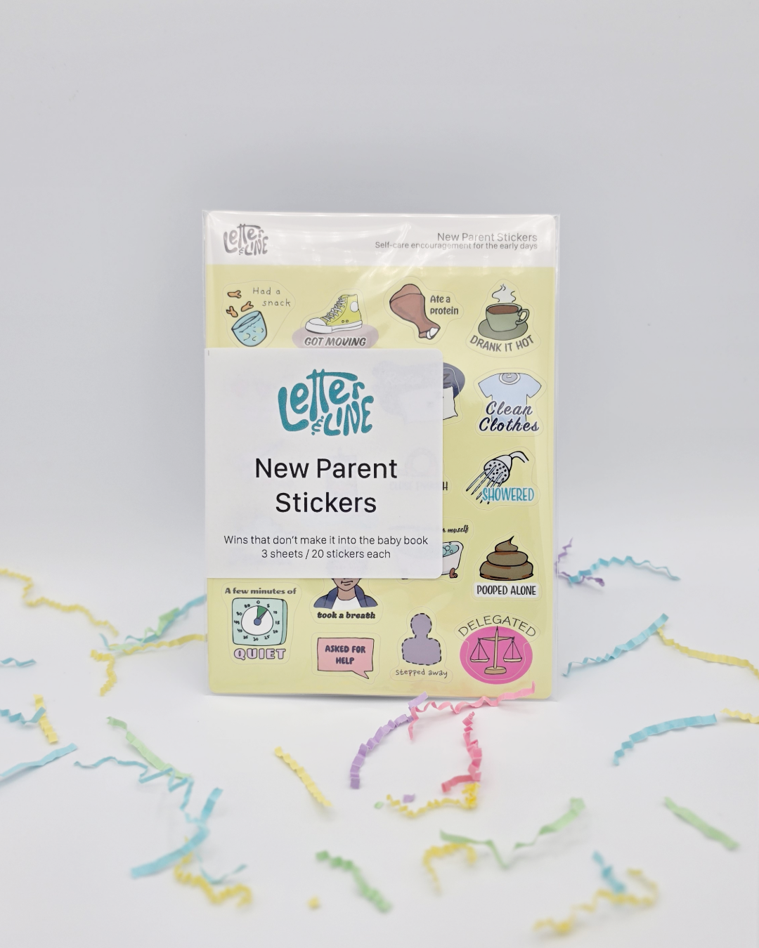 Letter & Line New Parent Stickers in retail packaging, front view, three-sheet self-care sticker set for new parents