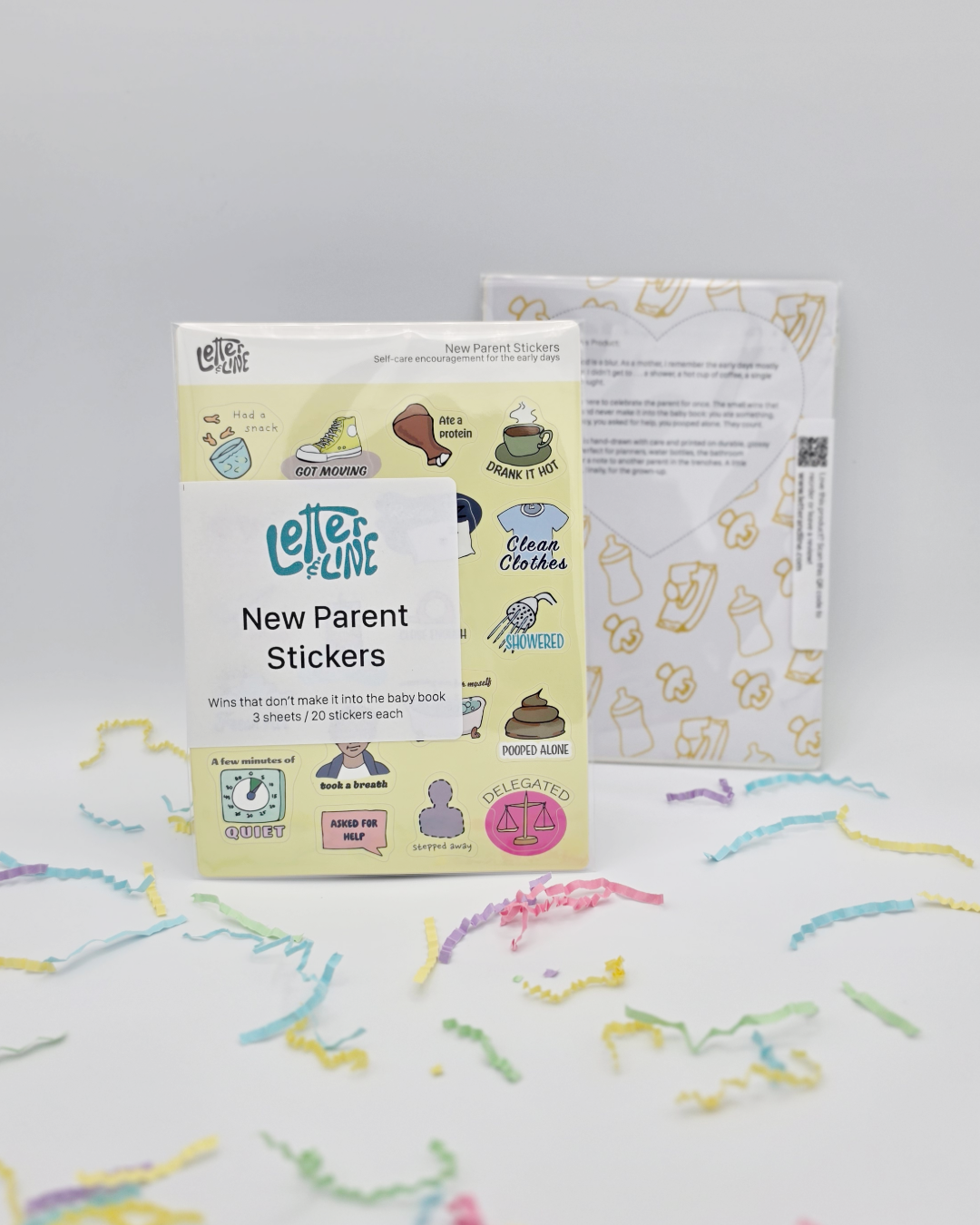 New Parent self-care sticker set packaging shown from the back with the three sticker sheets visible inside