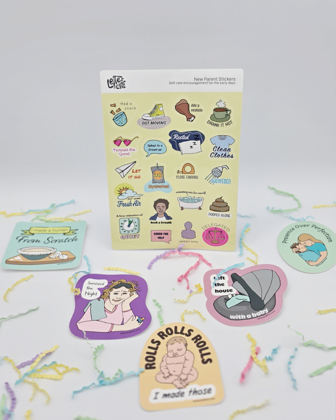 New Parent self-care stickers arranged with coordinating new parent milestone stickers like left the house with a baby and made a human from scratch