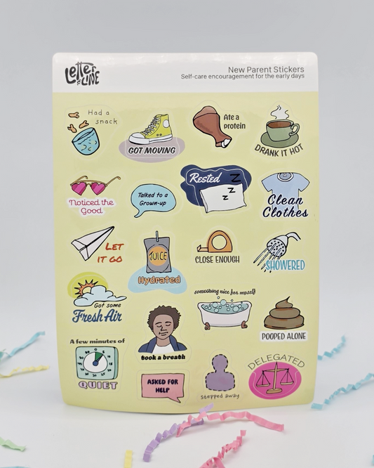 New Parent Self-Care Sticker Set sheet closeup showing twenty unique stickers naming new-parent wins like showered, ate a protein, and pooped alone, on confetti