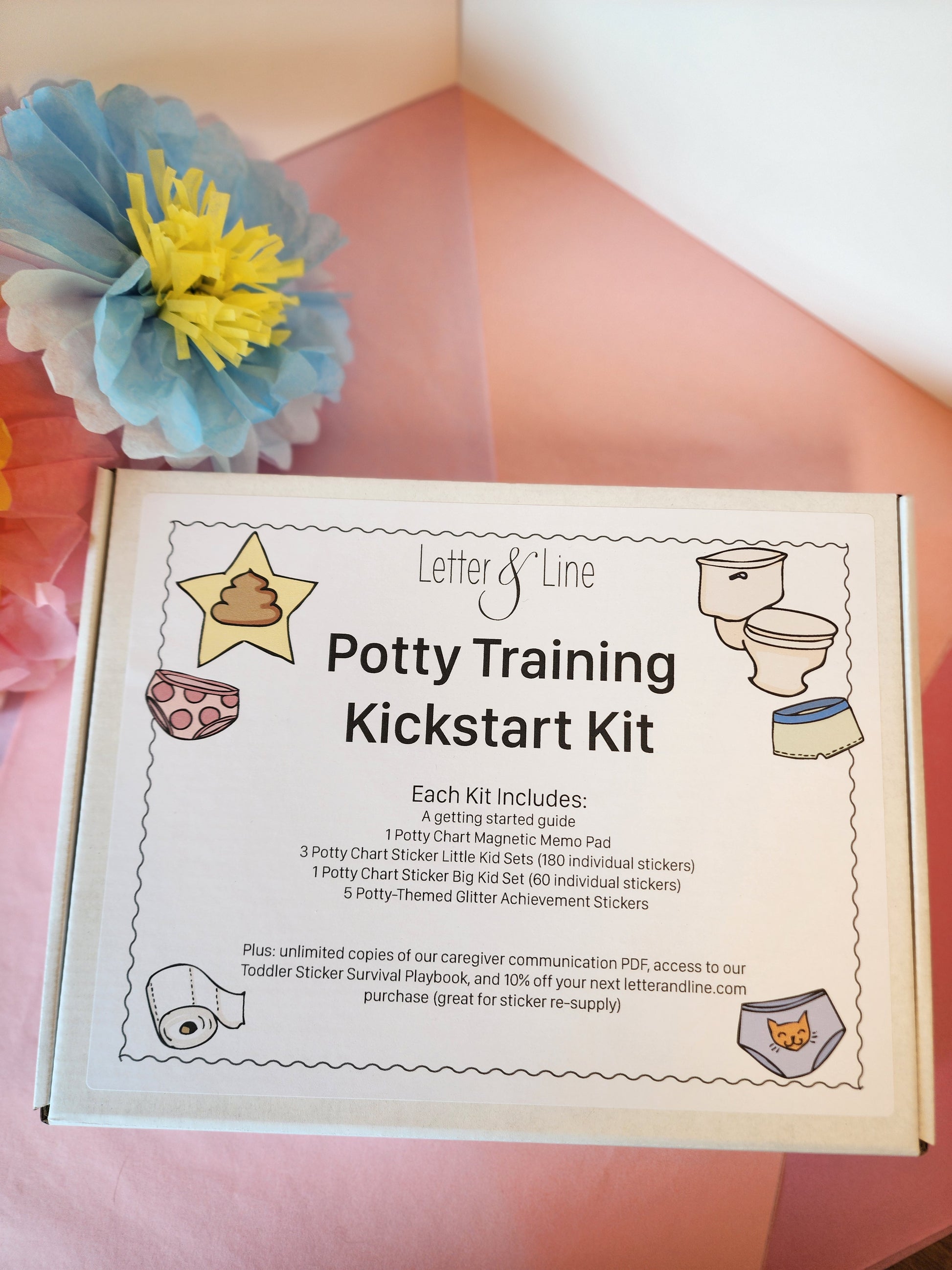 Potty Training Kickstart Kit labeled box displayed on a pink background with pastel flowers, listing included items and showing potty and undies illustrations.