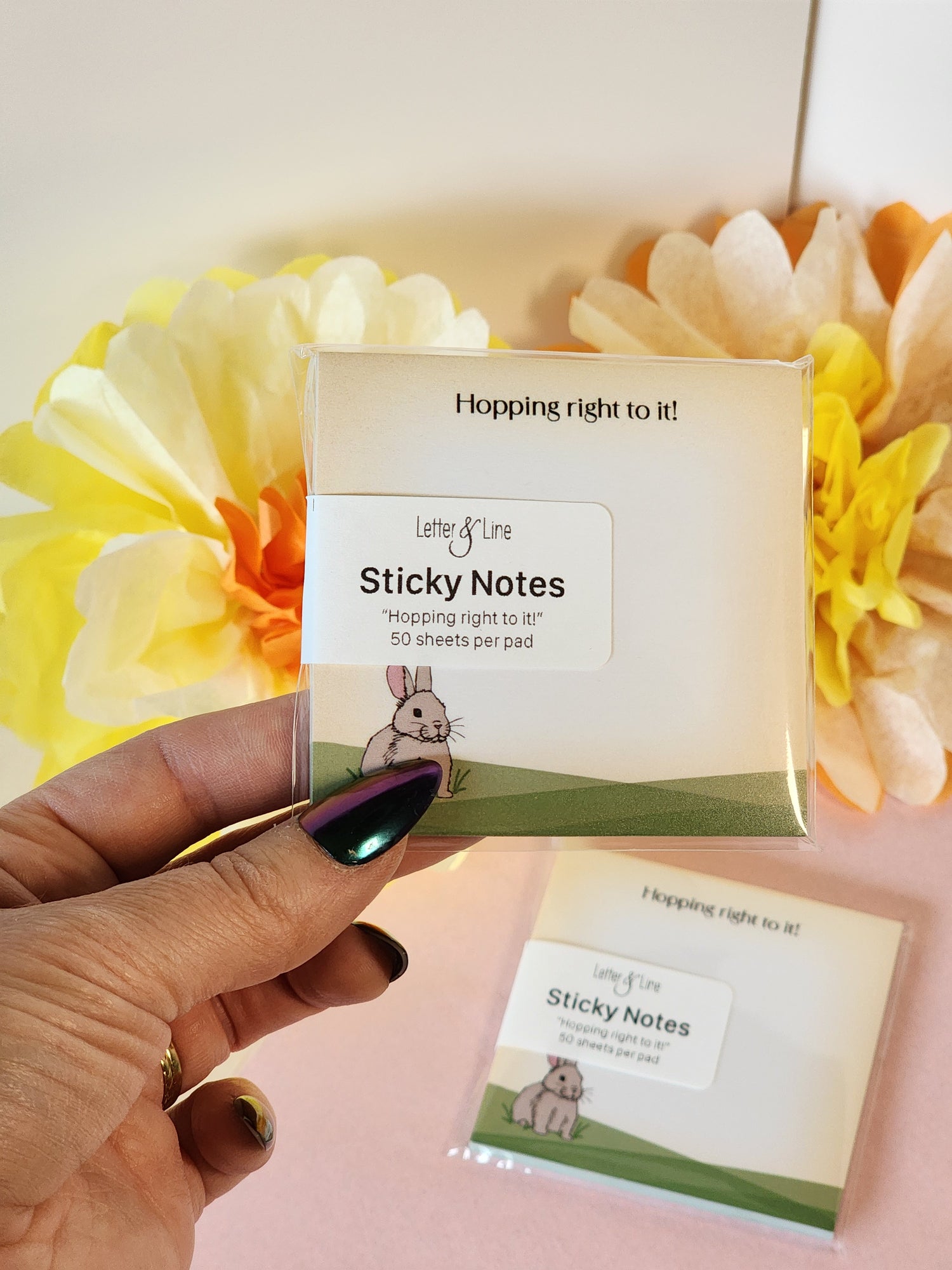 Adorable bunny-themed sticky notes for kids' routines and motivational reminders in cellophane package