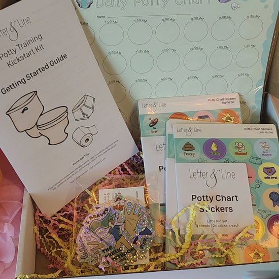 Video tour of the Potty Training Kickstart Kit with chart, stickers, and printed guide inside.