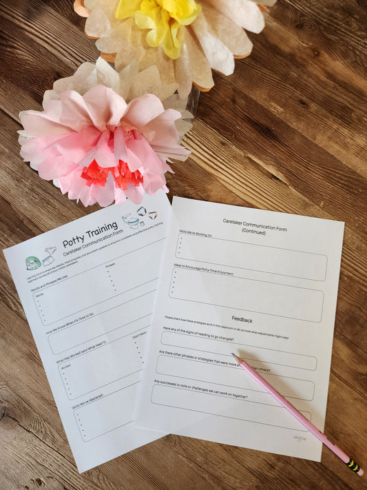 2-page potty training caretaker communication form including space for words and phrases, what's working and what isn't, and feedback about what's changed